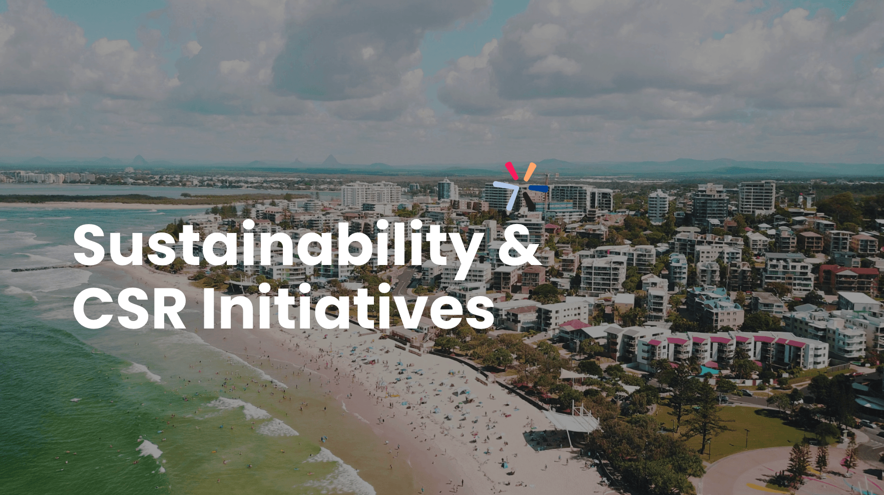 Blog header: Sustainability and CSR Initiatives, aerial view of the Sunshine Coast