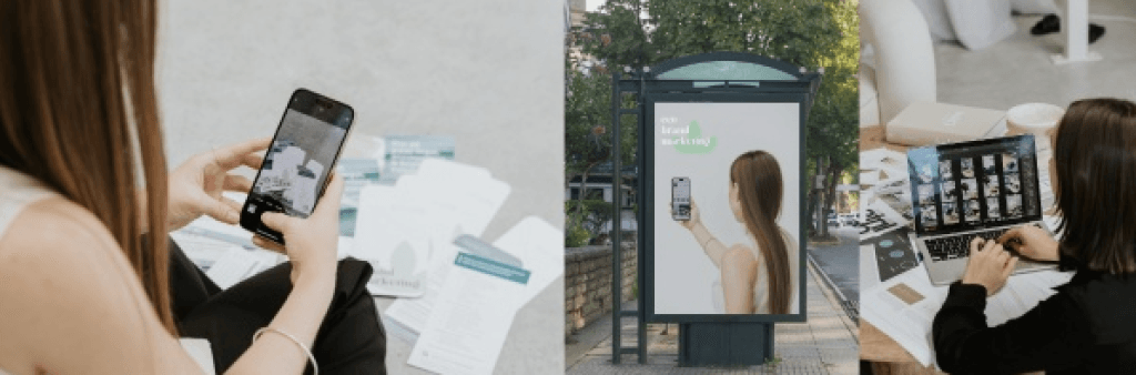 People using phones and a digital kiosk