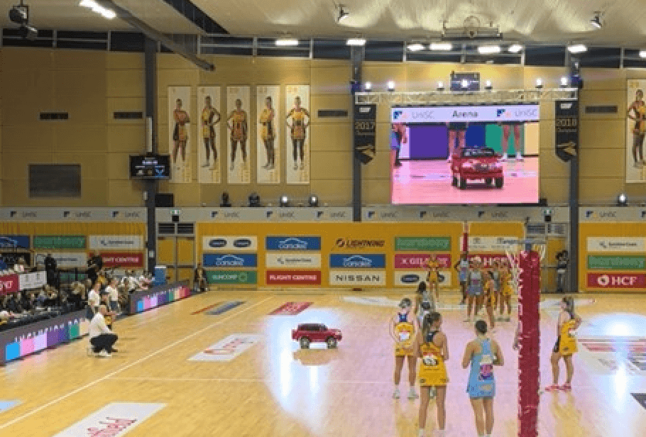 Netball court with sponsor signage