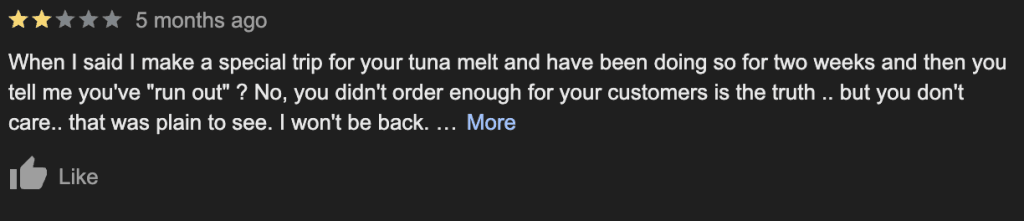 Negative customer review on Facebook